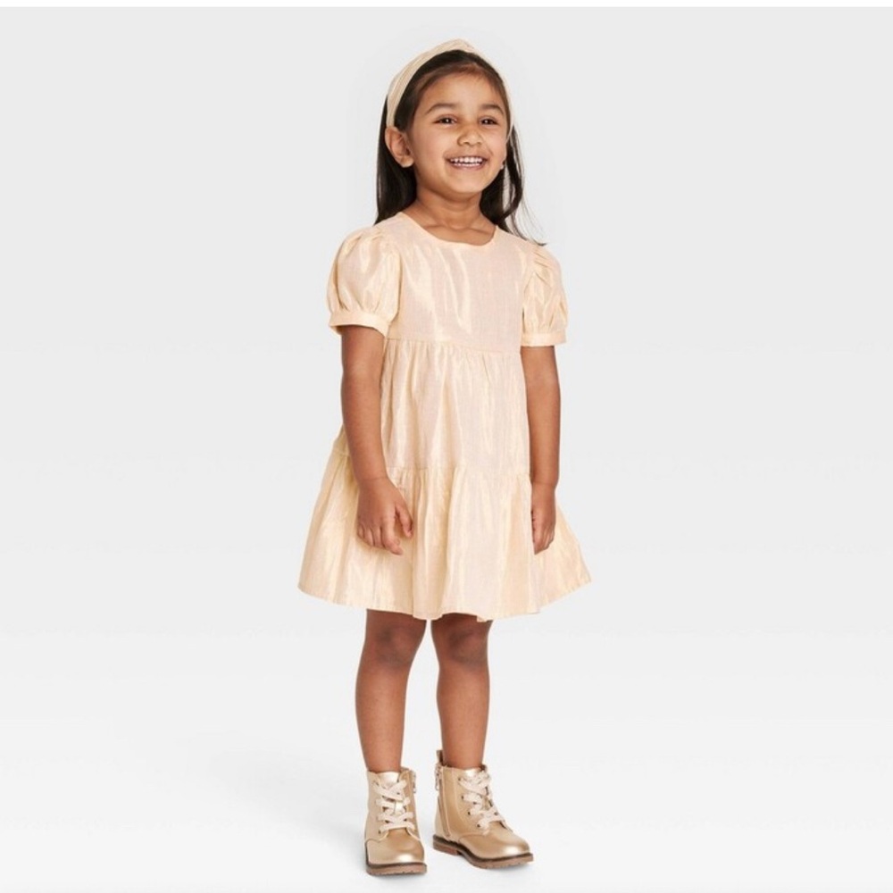 Cat & Jack Toddler Girls Tiered Short Sleeve Dress Gold 3T